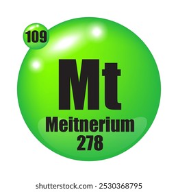 Meitnerium icon. Mt chemical element. Atomic number 109. Mass 278. Green sphere image. Vector symbol.