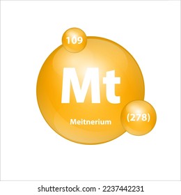 Estructura del icono del meitnerio (Mt) elemento químico forma redonda círculo amarillo oscuro. Elemento químico de la tabla periódica Signo con número atómico. Estudio en ciencia para la educación. Vector de ilustración 3D. 