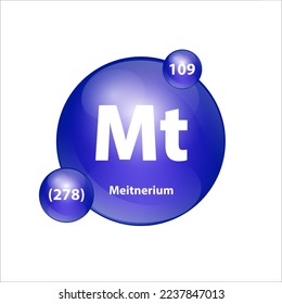 Estructura del icono del meitnerio (Mt) elemento químico forma redonda círculo azul oscuro. Vector de ilustración 3D. Elemento químico de la tabla periódica Signo con número atómico. Estudio en ciencia para la educación. 