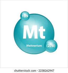 Meitnerium (Mt) Symbol Struktur chemischen Element rund Form Kreis grün dunkel, blau. Chemisches Element der periodischen Tabelle Zeichen mit Atomnummer. Studium der Wissenschaft für Bildung. 3D-Illustrationsvektor.