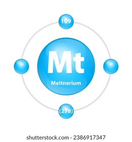 Meitnerium (Mt) Icon structure chemical element round shape circle light blue with surround ring. Period number shows of energy levels of electron. Study science for education. 3D Illustration vector
