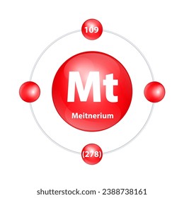 Meitnerium (Mt) Icon structure chemical element round shape circle light red with surround ring. 3D Illustration vector. Period number shows of energy levels of electron. Study science for education