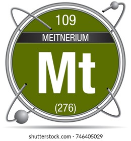 Meitnerium symbol  inside a metal ring with colored background and spheres orbiting around. Element number 109 of the Periodic Table of the Elements - Chemistry 