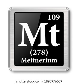 Meitnerium symbol.Chemical element of the periodic table on a glossy black background in a silver frame.Vector illustration.