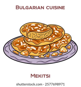 Mekitsi are traditional Bulgarian breakfast pastries, similar to fried dough pieces, often served with jam, cheese, or yogurt.