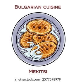 Mekitsi are traditional Bulgarian breakfast pastries, similar to fried dough pieces, often served with jam, cheese, or yogurt.