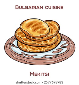 Mekitsi are traditional Bulgarian breakfast pastries, similar to fried dough pieces, often served with jam, cheese, or yogurt.