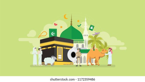 Mekkah Hajj And Umrah Season Islamic Prayer Tiny People Character Concept Vector Illustration, Suitable For Wallpaper, Banner, Background, Card, Book Illustration, And Web Landing Page