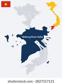 Mekong River Delta Vietnam Map and Flag - Đồng Bằng Sông Cửu Long, Rice Bowl and Tropical Freshwater Region Vector .