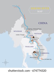Mekong River Map with Country and City Location, Geography, Position, Icons and Infographic