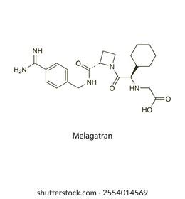 Melagatran flat skeletal molecular structure Thrombin inhibitor drug used in thromboembolic disorders treatment. Vector illustration scientific diagram.