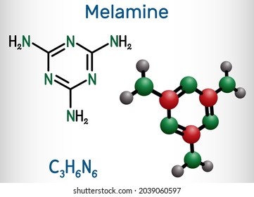 Melamine C3H6N6 molecule. It is used to produce melamine resins. Structural chemical formula and molecule model. Vector illustration
