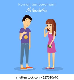 Melancholic type of human temperament concept. Sad young woman and man characters depressing and crying flat vector. People personality reactions and problems. For psychological tests illustrating