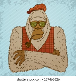 Melancholic Yeti with Smoking Pipe, Tartan Waistcoat and Hat. Vector illustration, eps10.