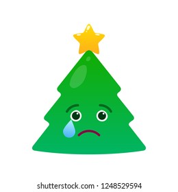 Melancholy christmas tree isolated emoticon. Crying green fir tree with decoration emoji. Merry Christmas and happy new year vector element. Yearning face with facial expression. Winter holidays sign