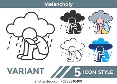 Melancholy icon representing quiet sadness, reflection, emotional depth, healing, mindfulness, and wellbeing. Line, Filled, Color, Hand drawn style.