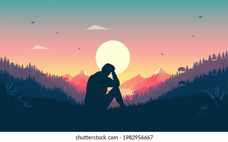Melancholy man sitting in landscape thinking and contemplating. Beautiful warm nature and sunset in sky. Melancholic feeling concept. Vector illustration.