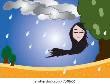 Melancholy woman is under rain