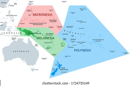 Melanesia, Micronesia and Polynesia, political map. Colored geographic regions of Oceania, southeast of the Asia-Pacific region. English labeling. Illustration on white background. Vector.