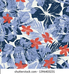 Melange hibiscus flowers with leaves wallpaper grunge vector abstract seamless pattern 