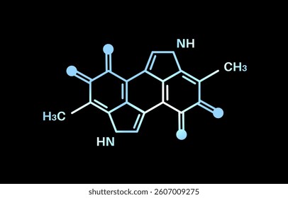 Melanin chemical formula icon. Polymer in the human body produces hair, eye and skin pigmentation. Absorbing harmful UV rays, protecting cells from sun damage. Medical poster flat vector illustration
