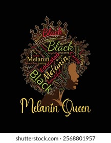 Melanin Queen vector art with a crown and words like "Black" and "Beautiful" incorporated into the afro hairstyle.