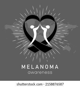 Melanoma awareness and black heart shape ribbon on map background. Skin cancer awareness