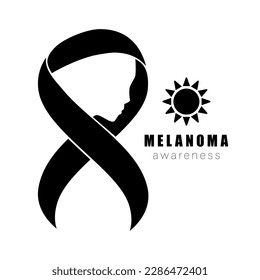 Melanoma awareness black ribbon and sun. Risk factors and treatment, Prevention. Exposure to ultraviolet (UV) rays causes most cases of melanoma, the deadliest kind of skin cancer