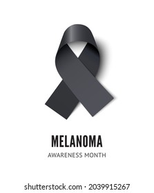 Melanoma cancer awareness ribbon vector illustration isolated on white background. Realistic vector black silk ribbon with loop