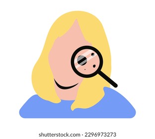 Melanoma diagnosis, dermatology examination, skin cancer prevention icon. Faceless woman character checking moles, birthmarks under magnifier. Vector illustration