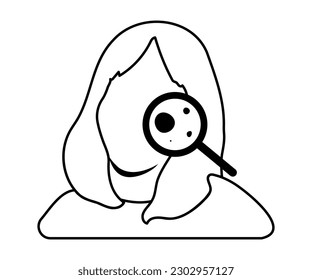 Melanoma diagnosis, dermatology examination, skin cancer prevention line icon. Faceless woman checking moles, birthmarks under magnifier. Vector illustration