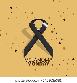 Melanoma Monday event banner. A black ribbon with an illustration of body skin with dark patches to commemorate on May