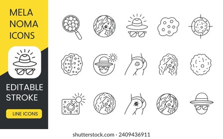 Melanoma set vector line icons with editable stroke. Mole on the face and buttock, on the chest, disease prevention