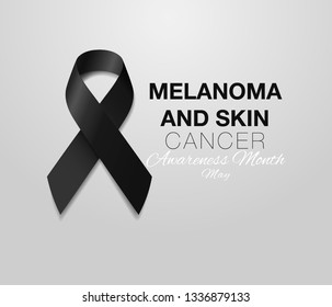 Melanoma and Skin Cancer Awareness Calligraphy Poster Design. Realistic Black Ribbon. May is Cancer Awareness Month. Vector