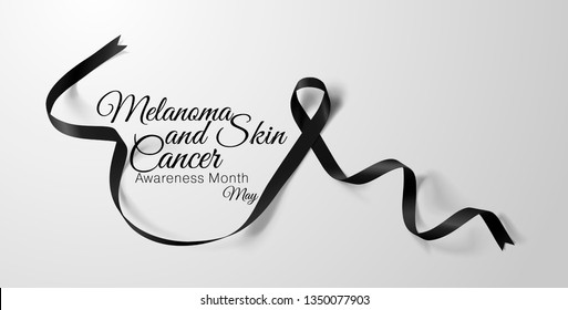 Melanoma and Skin Cancer Awareness Calligraphy Poster Design. Realistic Black Ribbon. May is Cancer Awareness Month. Vector