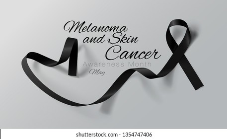 Melanoma and Skin Cancer Awareness Calligraphy Poster Design. Realistic Black Ribbon. May is Cancer Awareness Month. Vector