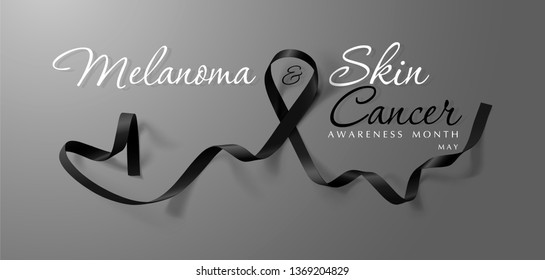 Melanoma and Skin Cancer Awareness Calligraphy Poster Design. Realistic Black Ribbon. May is Cancer Awareness Month. Vector