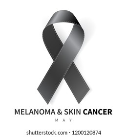 Melanoma and Skin Cancer Awareness Month. Realistic Black ribbon symbol. Medical Design. Vector illustration.