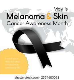 Melanoma and Skin Cancer Awareness Month. Square banner with black ribbon, world map, and space for text. Vector flat illustration.