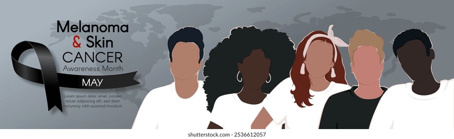 Mes de Concientización sobre el Melanoma y el Cáncer de Piel. Anuncio Horizontal largo con cinta negra, espacio para texto y personas diversas. Ilustración plana de Vector.