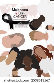 Mes de Concientización sobre el Melanoma y el Cáncer de Piel. Anuncio de Vertical con cinta negra, espacio para texto y personas diversas que se toman de la mano. Ilustración plana de Vector.