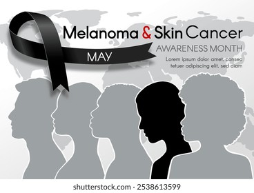 Melanoma and Skin Cancer Awareness Month. Horizontal banner with black ribbon, space for text and diverse people. Vector flat illustration.