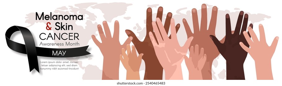 Melanoma and Skin Cancer Awareness Month. Long horizontal banner with Diverse hands, black ribbon, map, and space for text. Vector flat illustration