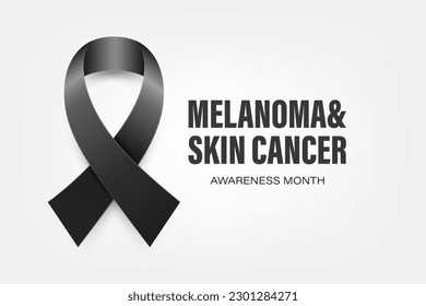 Melanoma, Skin Cancer Banner, Card, Placard with Vector 3d Realistic Black Ribbon on White Background. Melanoma, Skin Cancer Awareness Month Symbol Closeup, May. World Melanoma Day Concept