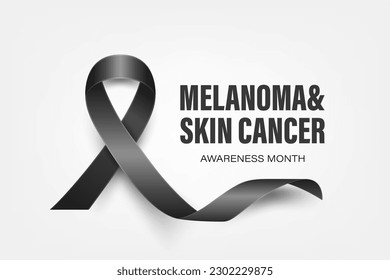 Melanoma, Skin Cancer Banner, Card, Placard with Vector 3d Realistic Black Ribbon on White Background. Melanoma, Skin Cancer Awareness Month Symbol Closeup, May. World Melanoma Day Concept