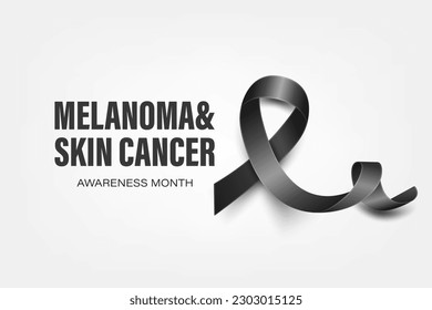 Melanoma, Skin Cancer Banner, Card, Placard with Vector 3d Realistic Black Ribbon on White Background. Melanoma, Skin Cancer Awareness Month Symbol Closeup, May. World Melanoma Day Concept