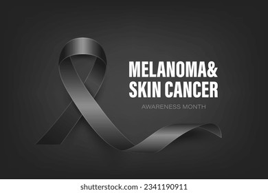 Melanoma. Skin Cancer Banner, Card, Placard with Vector 3d Realistic Black Ribbon on Black Background. Melanoma, Skin Cancer Awareness Month Symbol Closeup, May. World Melanoma Day Concept