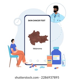 Melanoma skin cancer development and treatment concept. Malignant tumor cells, result of examination, online diagnostic on smartphone. Dermatologist appointment on internet flat vector illustration