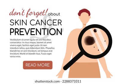 Melanoma and skin cancer prevention concept. Man checks moles, birthmarks under magnifier. Banner, landing page template with copy space for text. Vector illustration