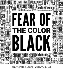 Melanophobia: Fear of the Color Black word cloud conceptual design isolated on white background.